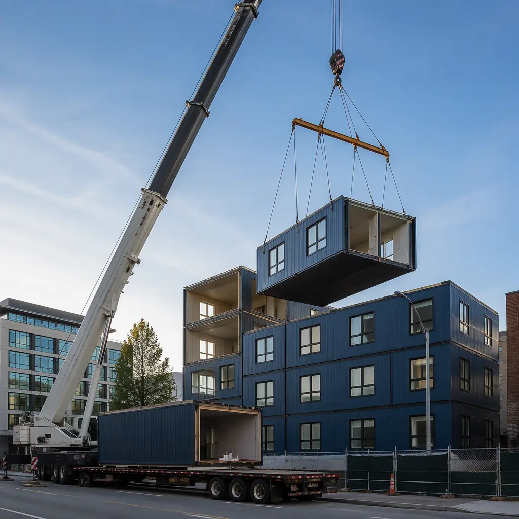 Large mobile crane lifting a complete modular building unit from flatbed trailer at construction site, prefabricated steel-framed module suspended from spreader bar with four-point rigging, site crew guiding taglines, clear blue sky, organized site with stacked modules visible in background, industrial construction scene, navy blue and steel orange equipment accents