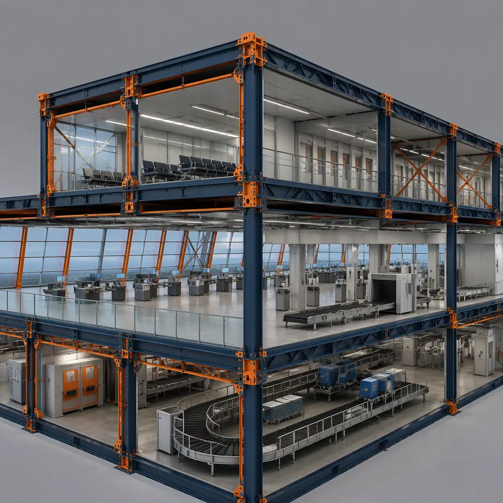 Photorealistic 3D cross-section render of modular cruise terminal passenger processing building, showing check-in hall, security screening zone, customs inspection area, baggage handling, passenger lounges and elevated walkway to ship, steel frame module structure, clean engineering visualization, no people, no text, no labels