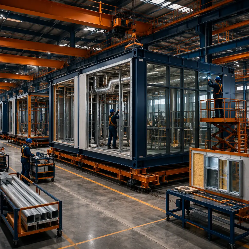 Factory floor of modular prefabricated construction facility, large steel-frame passenger terminal module under production, workers installing glass curtain wall panels without visible faces, assembly line with terminal modules in production, quality inspection station, dark navy and warm steel orange accents, no text, no logos