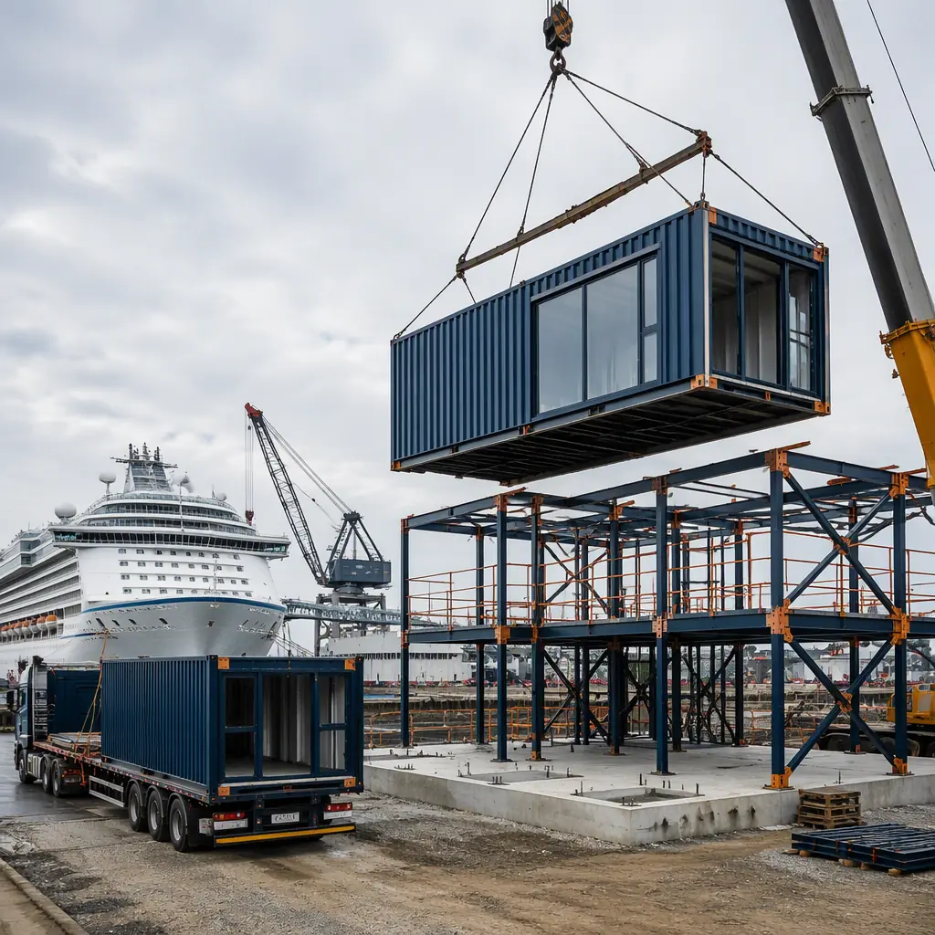 Crane lifting prefabricated cruise terminal building module onto waterfront foundation, module being positioned over concrete pier, steel frame visible, construction site at port with cruise ship in background, work crews without visible faces, photorealistic construction photography, module seams visible, dark navy and warm steel orange accents, no text, no logos