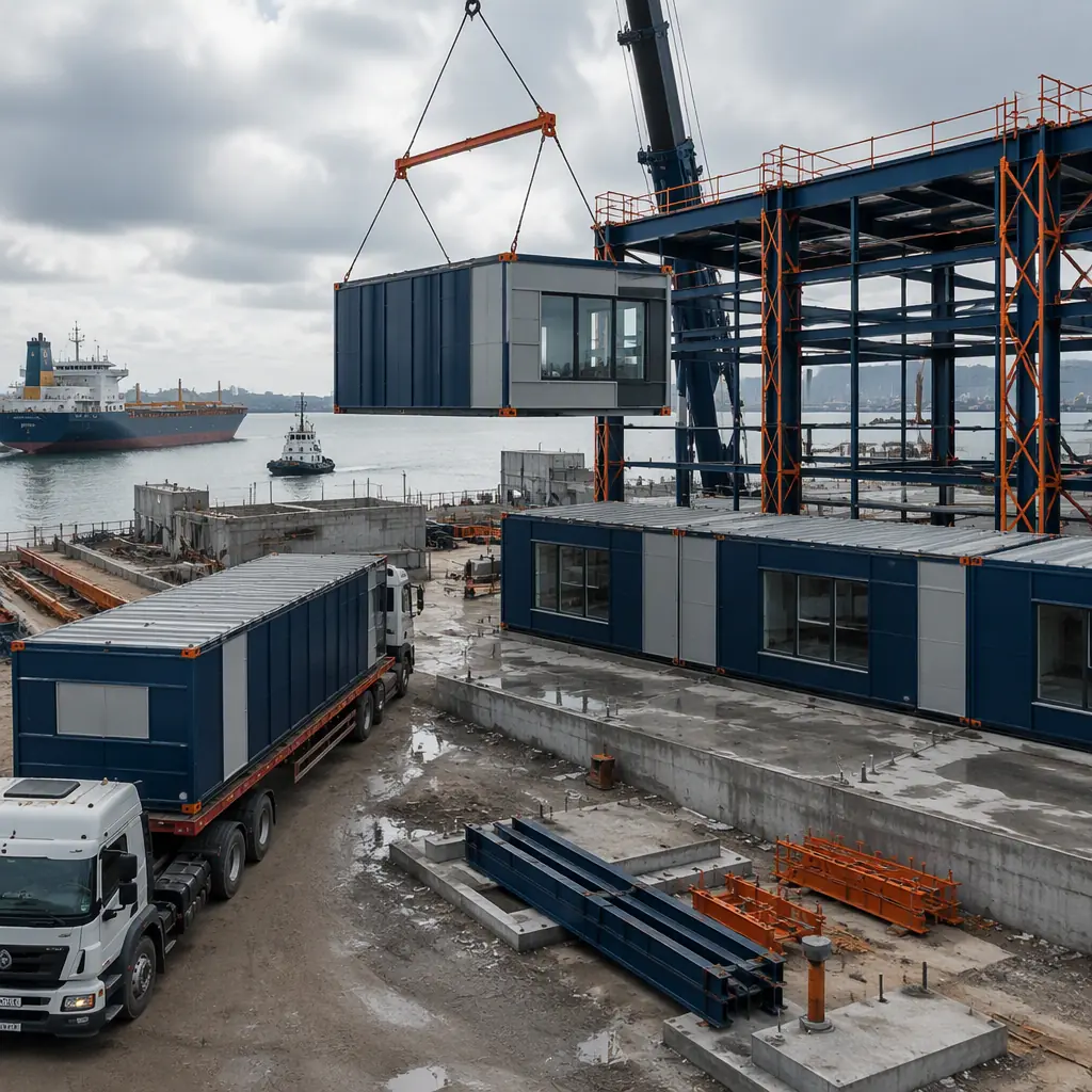 Prefabricated modular building units arriving on flatbed trucks at port construction site, crane lifting module unit onto concrete foundation, module seams visible, steel frame structure, waterfront location with ships in background, photorealistic construction photography, no people faces, no text, no logos