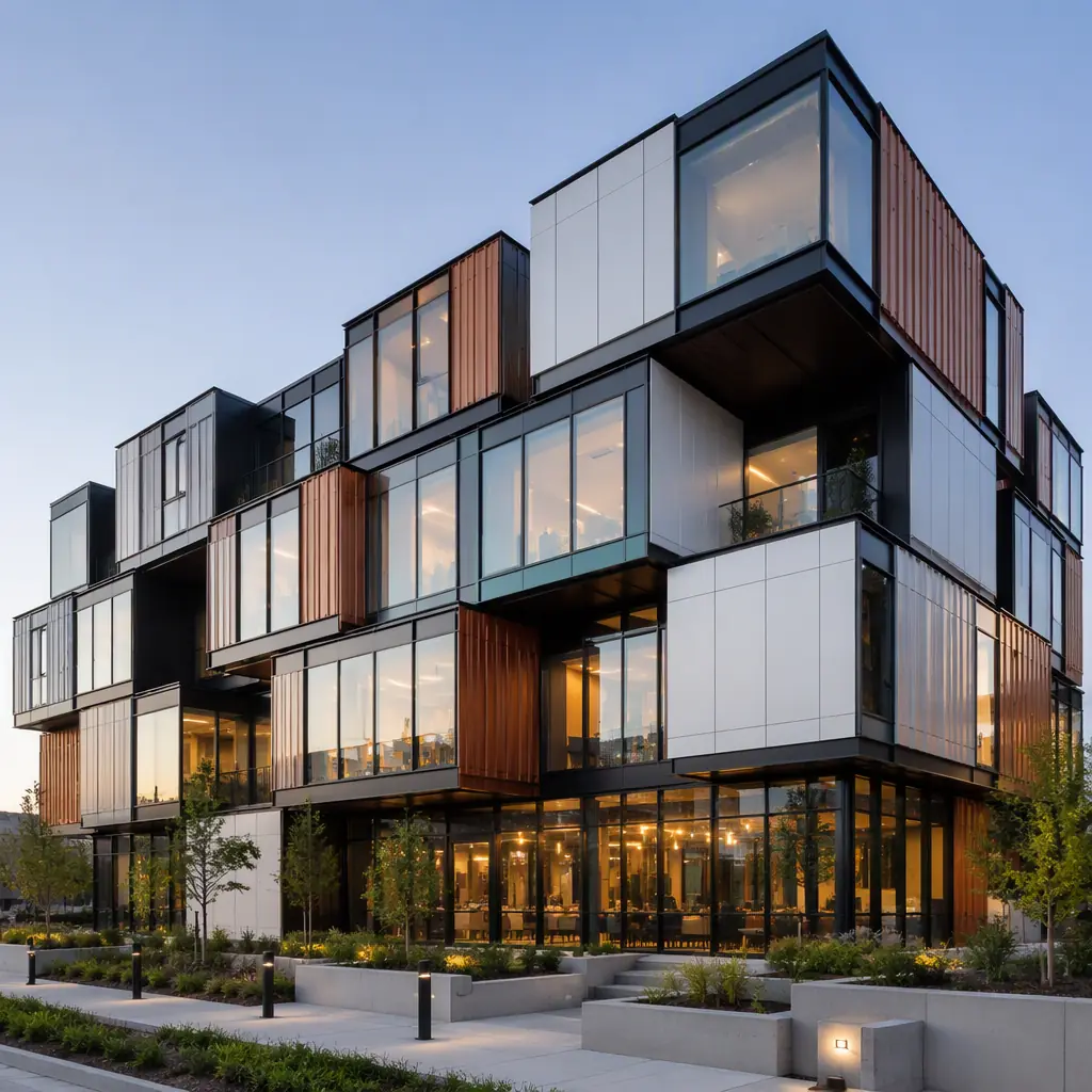 Architecturally distinctive custom modular building exterior with varied facade treatment, steel frame modules assembled into unique building form, combination of glass curtain wall and metal panel cladding, modern commercial design with geometric facade pattern, demonstrating custom prefabricated construction capabilities