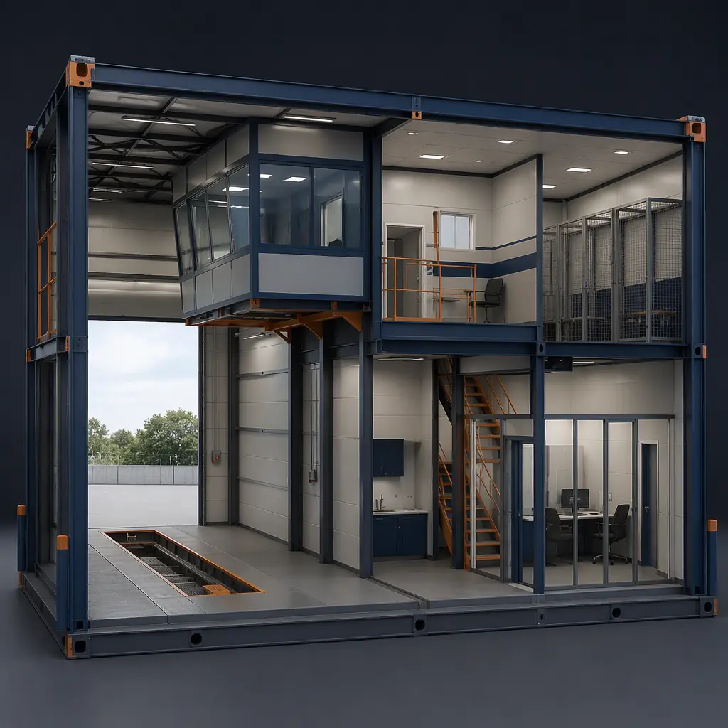 Photorealistic 3D cross-section render of modular border inspection building, showing primary inspection booth with elevated workstation, vehicle inspection lane, secondary inspection room, holding area, canine kennel wing and administrative offices, steel frame module structure, clean engineering visualization, no people, no text, no labels