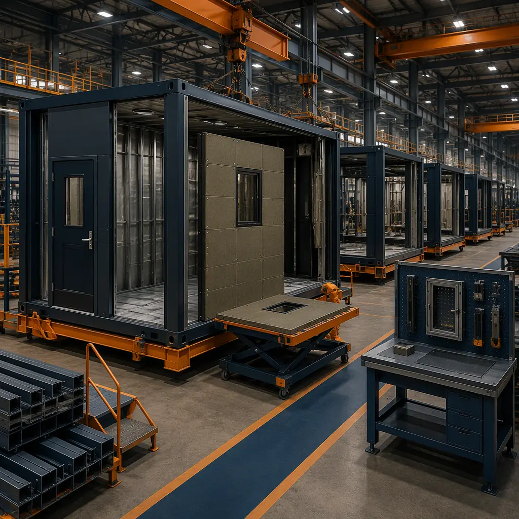 Factory floor of modular prefabricated construction facility, hardened steel-frame inspection module under production with reinforced wall panels, workers installing security doors and glazing without visible faces, assembly line, quality inspection station, dark navy and warm steel orange accents, no text, no logos