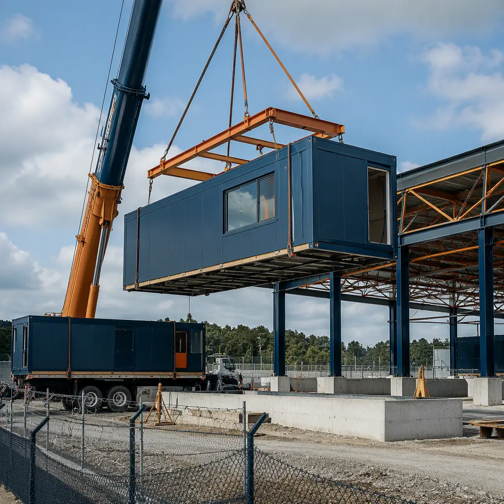Crane lifting prefabricated inspection building module onto foundation at border crossing construction site, hardened wall panels visible, modules being positioned, flatbed truck delivering modules, security fencing in background, photorealistic construction photography, dark navy and warm steel orange accents, no text, no logos