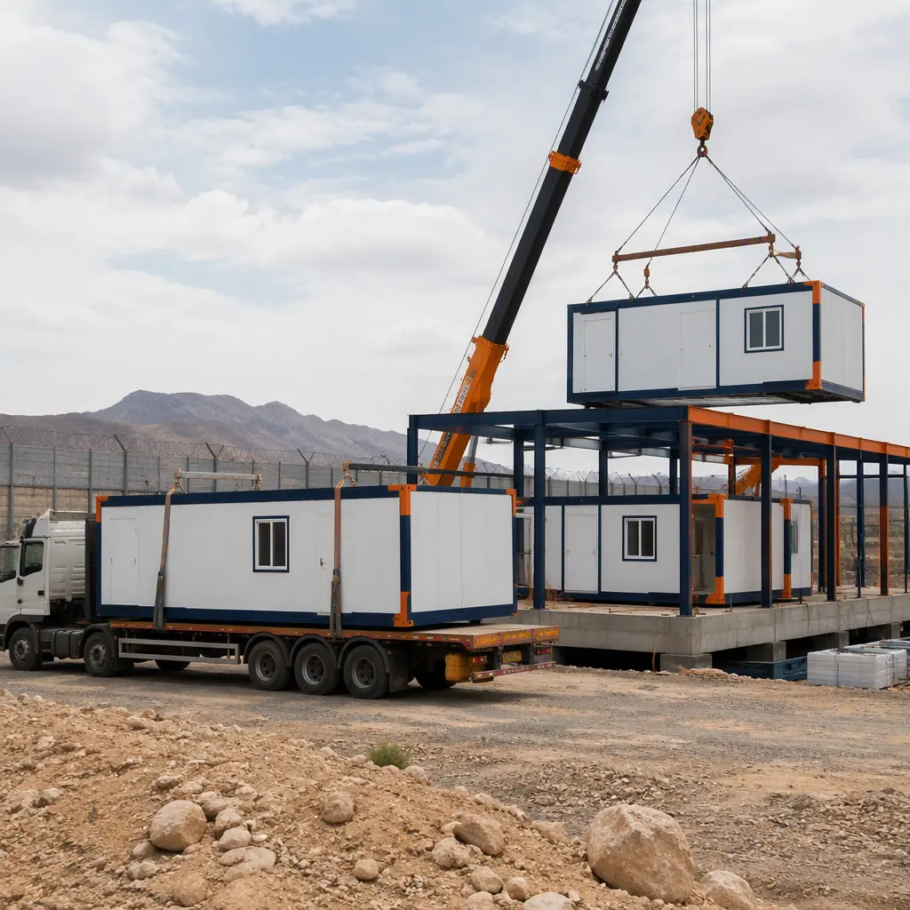 Prefabricated modular building units arriving on flatbed trucks at remote border station construction site, crane lifting module onto foundation, module seams visible, steel frame structure, desert landscape, security fence, photorealistic construction photography, no people faces, no text, no logos