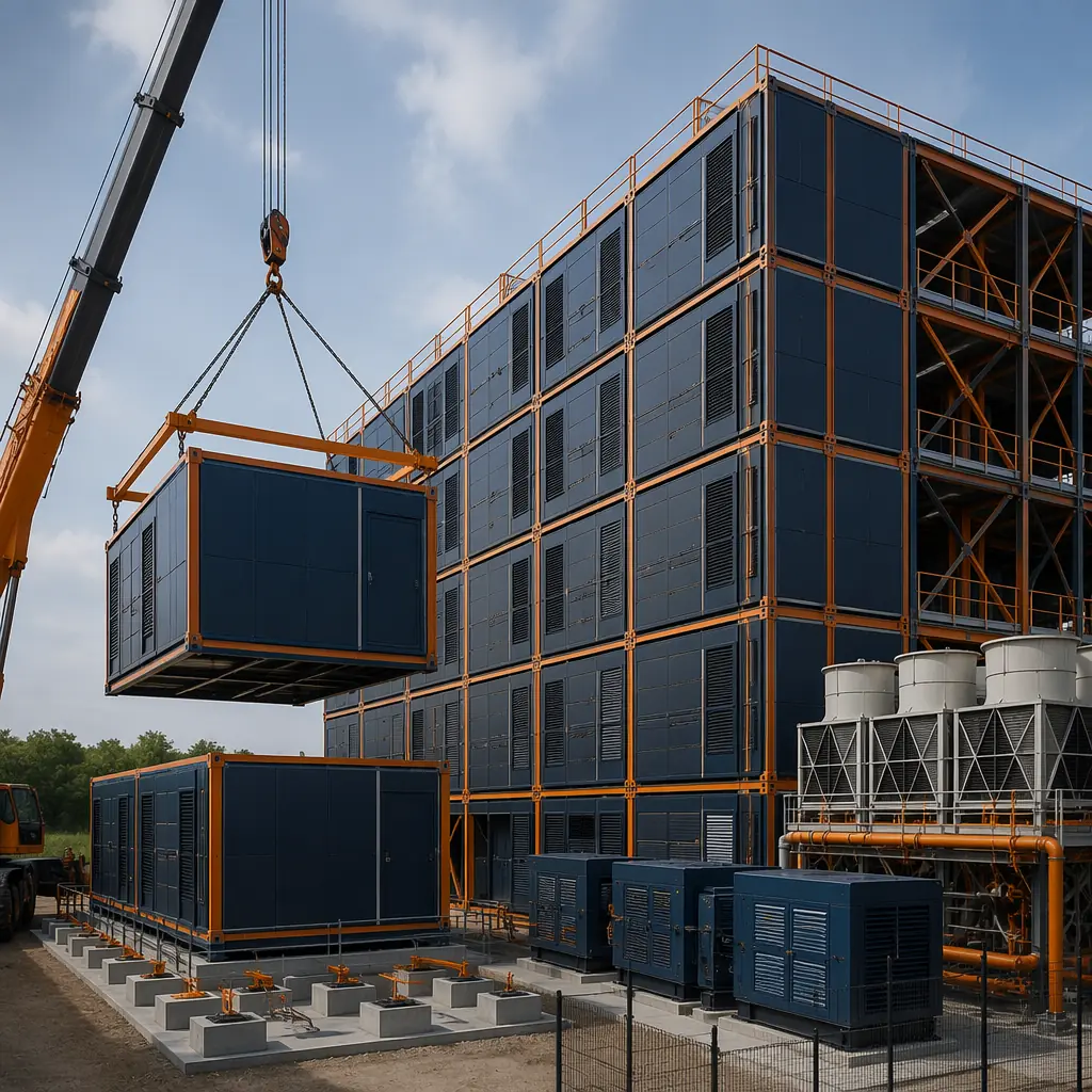 Modular prefabricated data center building exterior, steel frame modules being craned into position, clean geometric facade with grid pattern, cooling infrastructure visible on module roof, construction site with crane