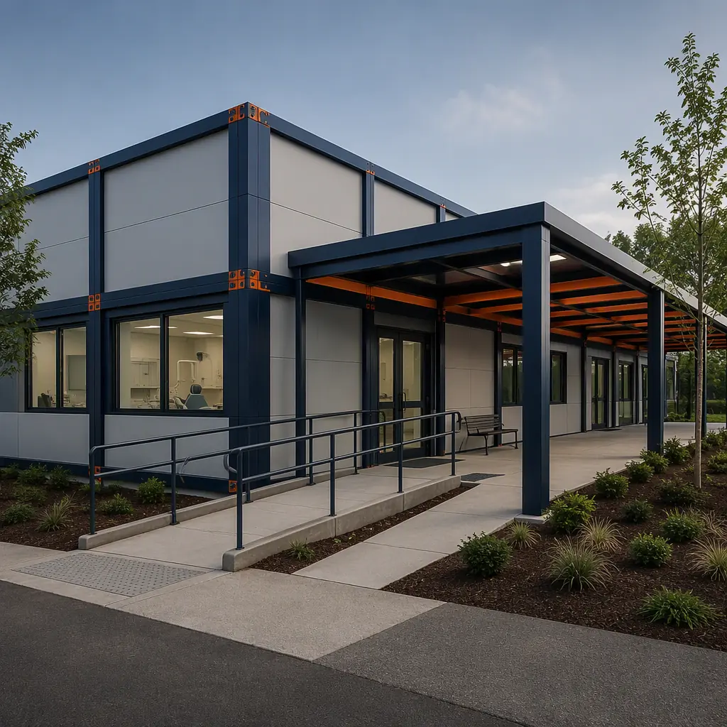 Modular prefabricated dental clinic building exterior, single-story medical facility composed of factory-assembled steel frame modules, grid pattern facade with module seams visible, accessible entrance ramp and covered walkway, modern healthcare architecture, dark navy structural steel with warm steel orange accents, no text
