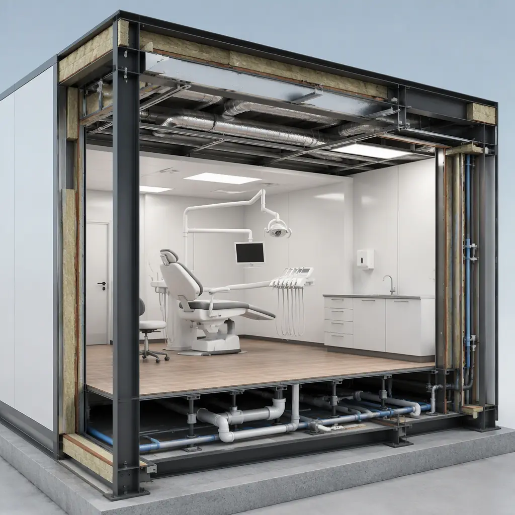 Photorealistic 3D cross-section render of modular dental clinic building, steel frame structure with factory-installed dental water lines and vacuum conduits, insulated wall panels, raised floor for plumbing access, ceiling ductwork, distinct metal layers, clean engineering visualization, no text, no labels