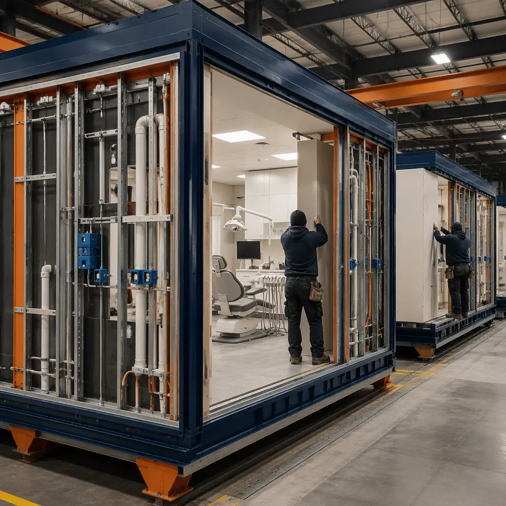 Factory floor of modular prefabricated construction facility, dental clinic module under assembly, steel stud walls with medical-grade plumbing and electrical rough-in visible on module frame, workers installing wall panels without visible faces, assembly line with steel-framed modules in production, dark navy steel with warm steel orange details, no text