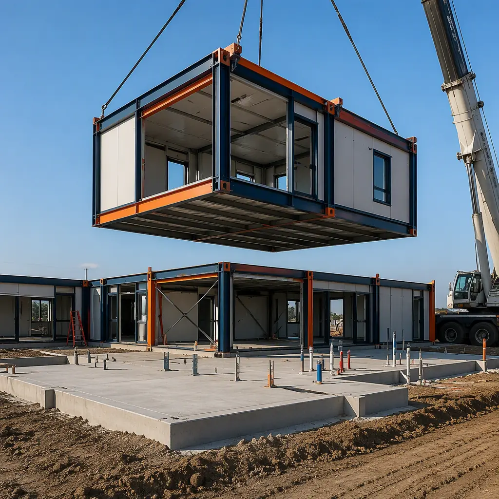 Crane lifting a prefabricated medical module onto prepared foundation at dental clinic construction site, factory-assembled steel frame module with module seams visible, construction site with leveled pad and utility rough-in, clear sky, dark navy steel frame with warm steel orange safety accents, no people faces, no text