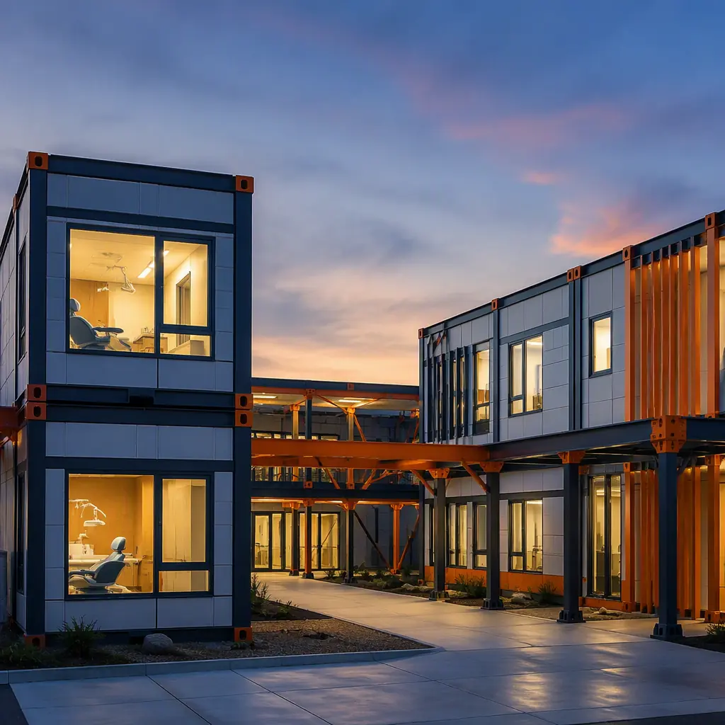 Modular dental clinic complex at dusk, multiple prefabricated buildings connected by covered walkways, treatment wing and administration wing with grid pattern facades, module seams visible, warm interior lighting through windows, dark navy and warm steel orange color palette, no people faces, no text