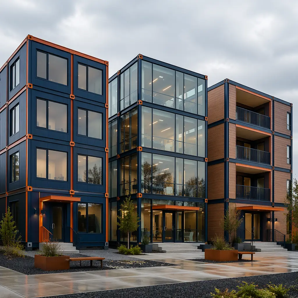 Three modular buildings side by side with completely different exteriors — dark panel, glass curtain wall, and wood cladding — all sharing the same modular frame system