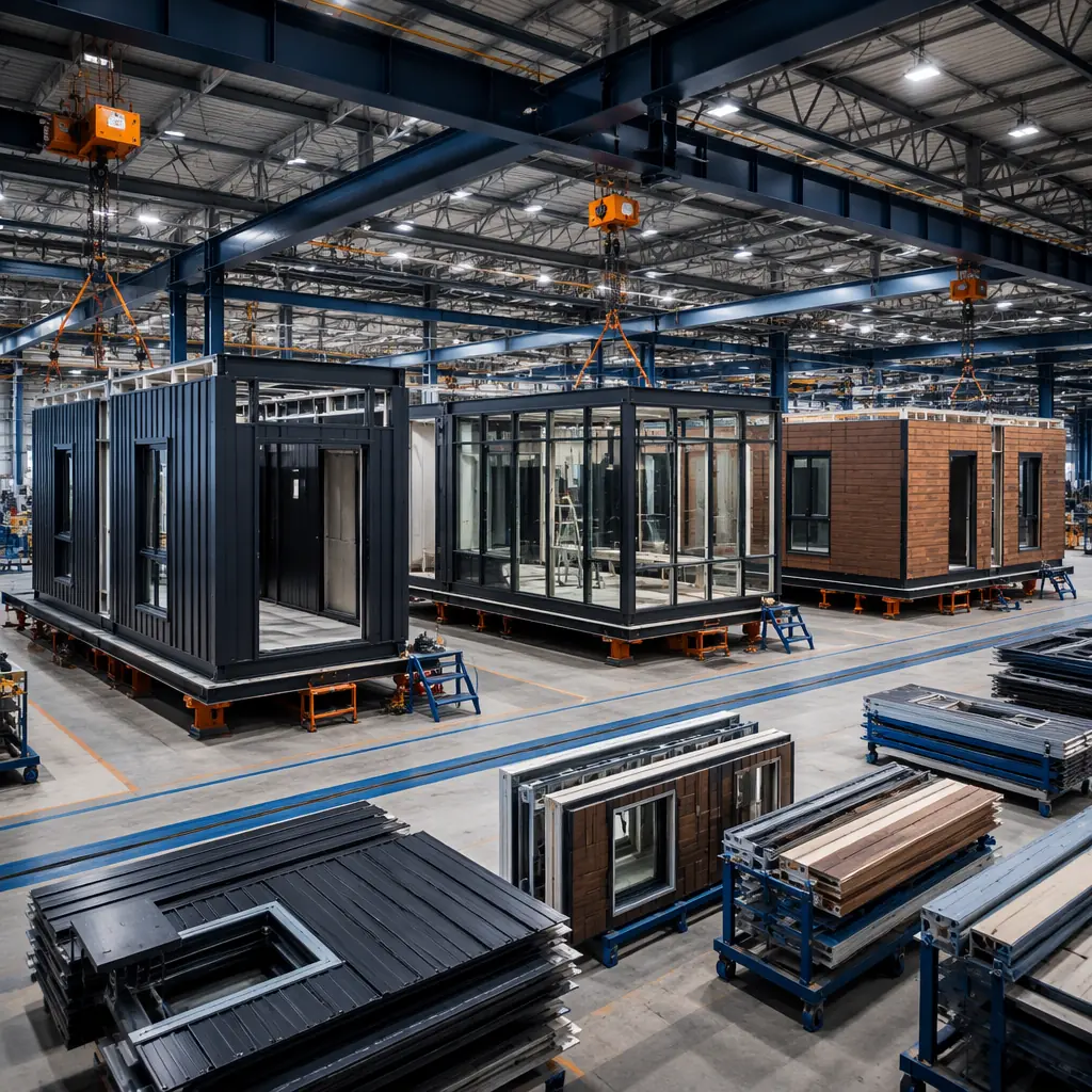 Factory floor with three modular building units under construction showing different cladding options — metal panel, glass curtain wall, and composite wood