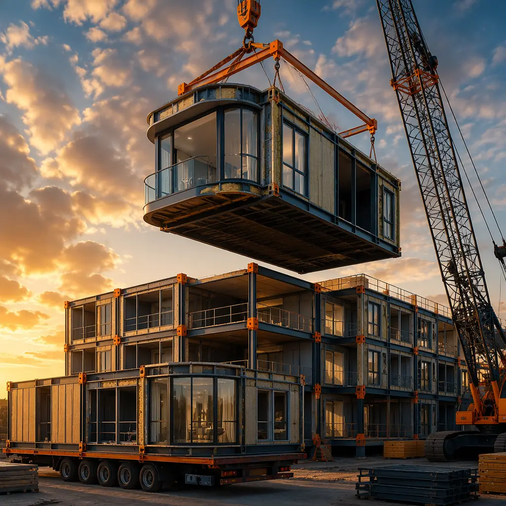 Crane lifting a uniquely designed corner modular unit with curved glass feature and integrated balcony onto a multi-story building — demonstrating architectural customization