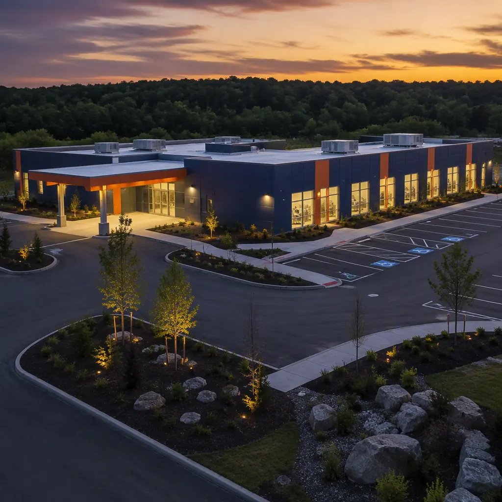 Aerial dusk view of a completed modular dialysis center, single-story prefabricated building with dark navy cladding and warm steel orange accent lighting along the entrance canopy, warm interior lighting through treatment windows, landscaped grounds, modular prefabricated construction
