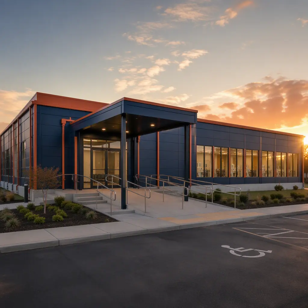 Newly completed modular dialysis center exterior at golden hour, single-story prefabricated steel-frame building with dark navy cladding and warm steel orange accents, wide patient entrance with glass doors and accessibility ramp, large windows along the treatment wing, modular prefabricated construction