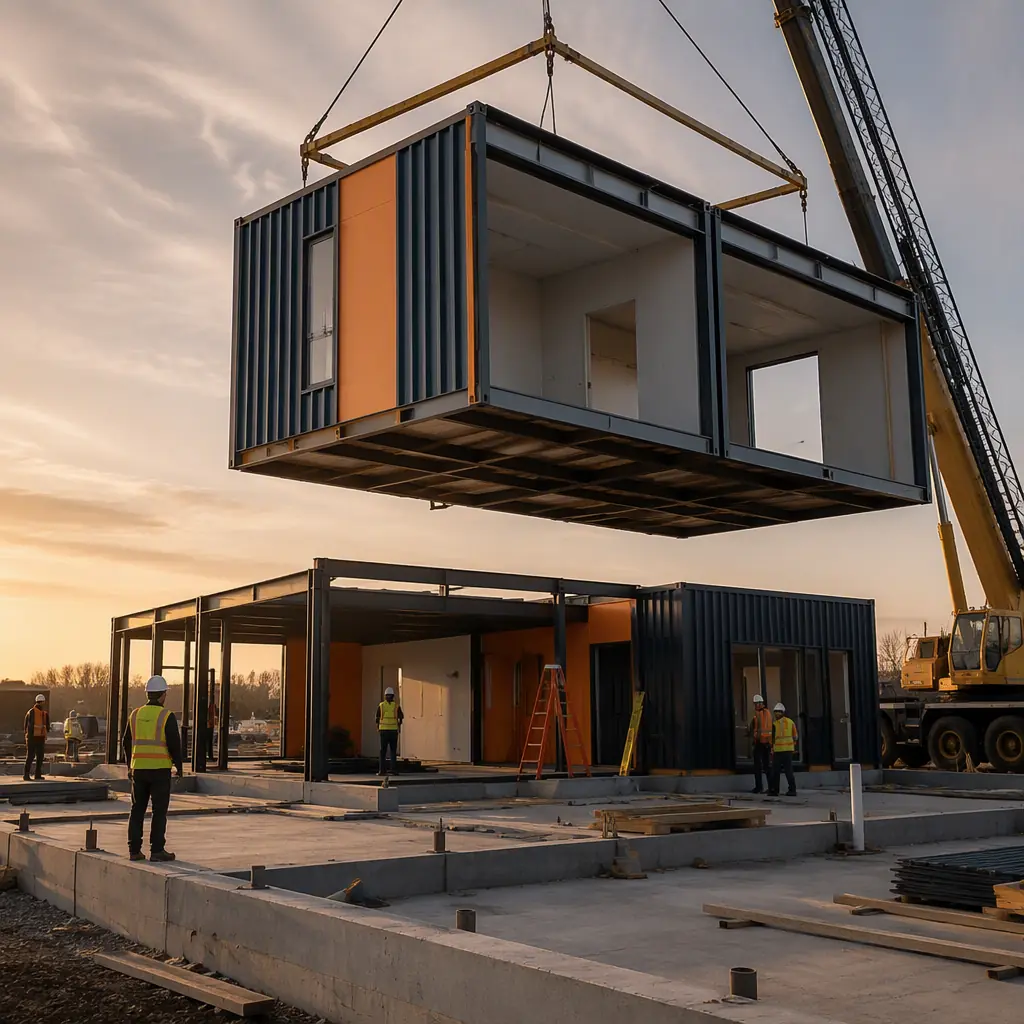 Construction crane lifting a prefabricated steel-frame building module onto a concrete foundation, modular dialysis center under assembly with dark navy cladding modules, golden hour light, modular prefabricated construction process
