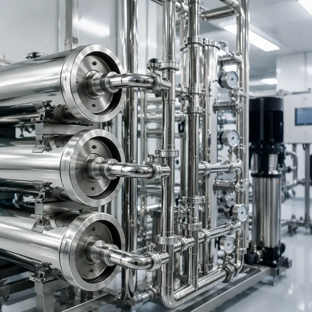 Reverse osmosis water treatment system in a dialysis center equipment room, stainless steel RO membrane vessels with polished chrome piping manifold and pressure gauges, clean bright medical equipment room, photorealistic industrial photography