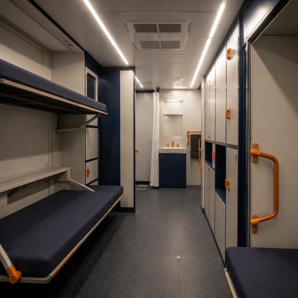 Modular prefabricated emergency shelter interior showing functional layout with fold-down beds, integrated LED lighting strips, ventilation grilles, clean utilitarian design