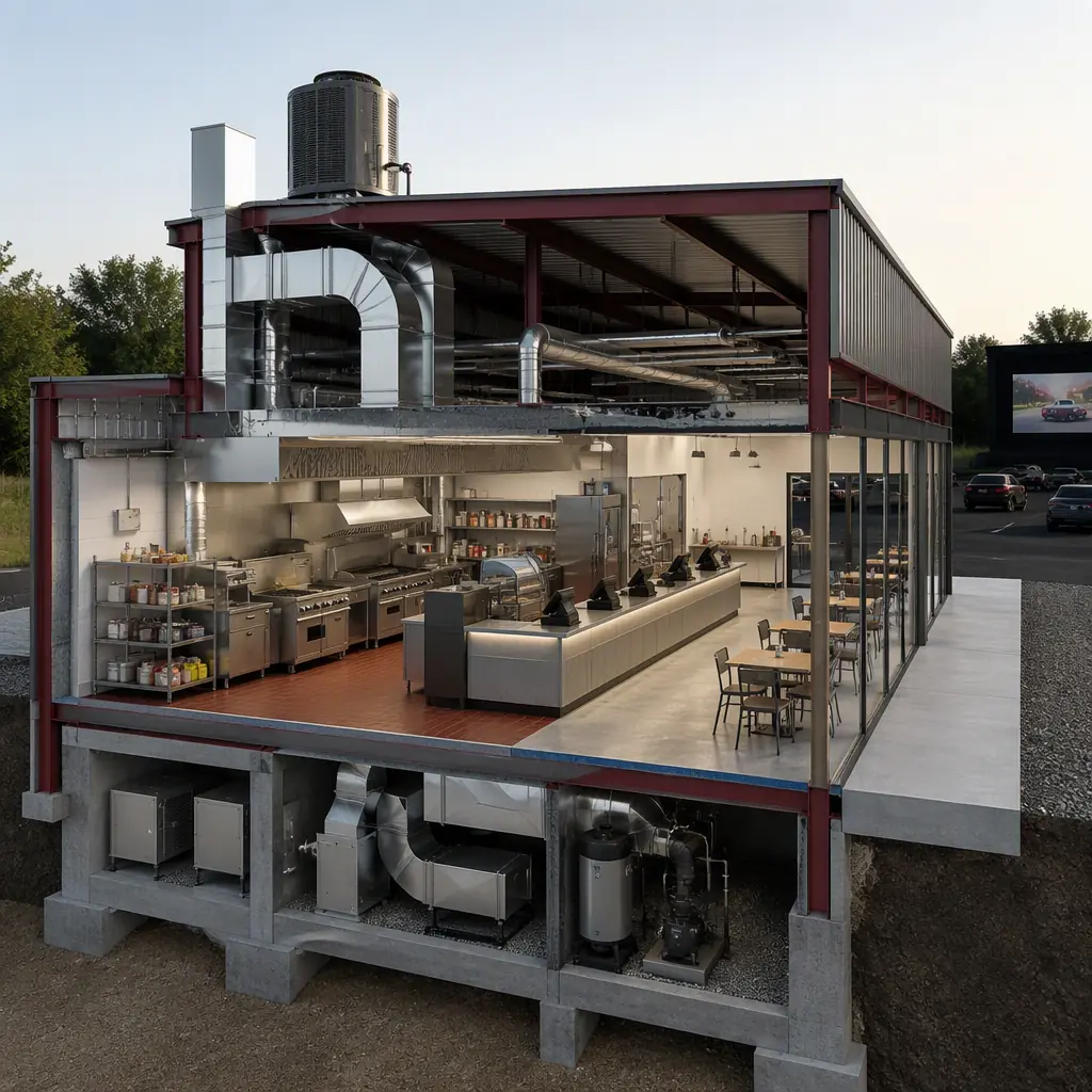 Photorealistic 3D cross-section render of modular drive-in theater concession building, showing commercial kitchen with stainless steel equipment, walk-up counter line, dining area, HVAC ducting and grease exhaust system, clean engineering visualization, no text, no labels