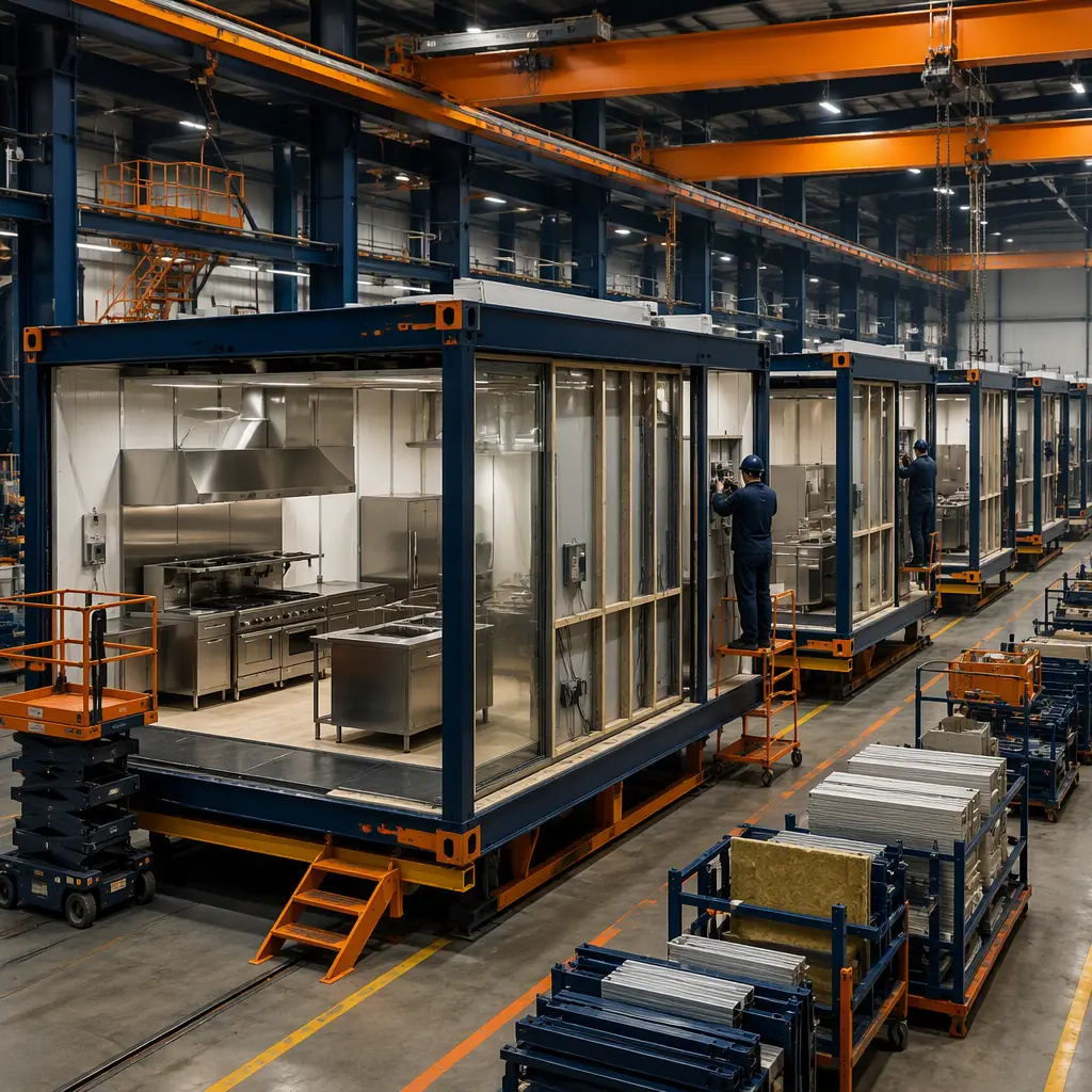 Factory floor of modular prefabricated construction facility, steel-frame concession building modules in production with commercial kitchen equipment being installed, workers fitting wall panels and electrical systems (no faces), assembly line, dark navy and warm steel orange accents