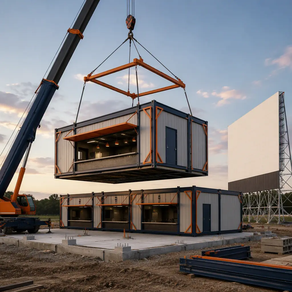 Crane lifting prefabricated steel-frame drive-in theater concession building module onto foundation at construction site, large white screen tower visible in background, module seams visible, site work in progress, dark navy steel with warm orange accents, no people faces, no text
