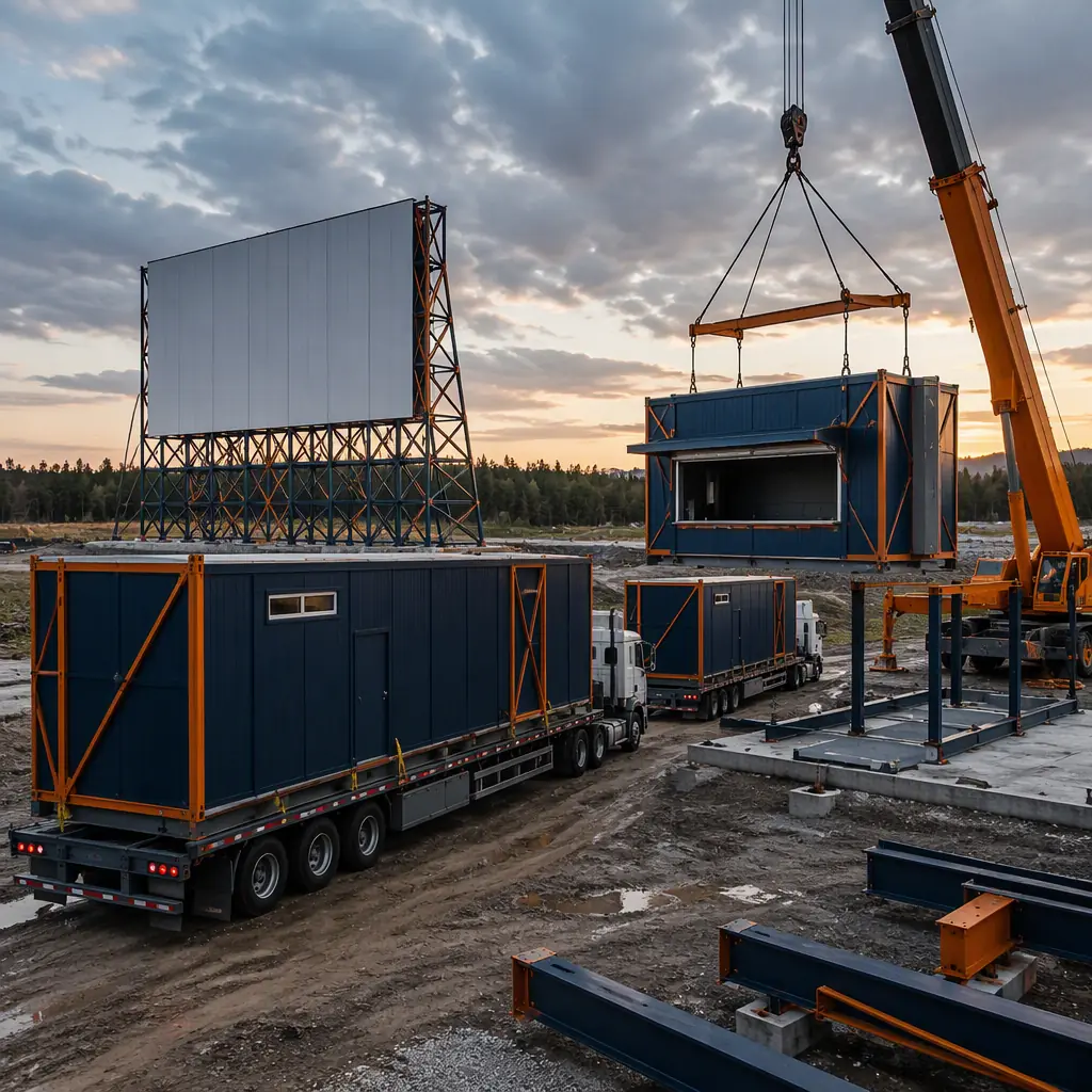 Prefabricated steel-frame drive-in theater modules arriving on flatbed trucks at site, crane lifting concession building module onto foundation, screen tower structure visible in background, module seams visible, dark navy steel with warm orange accents, no people faces, no text, no logos
