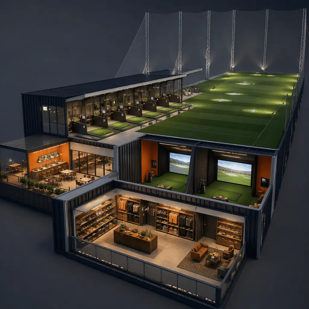 Photorealistic 3D cross-section render of modular golf practice facility, showing tee line shelter with individual hitting bays, containment netting rising over landing area, indoor simulator suite with projector screens, pro shop and food and beverage pavilion modules, clean engineering visualization, no text, no labels