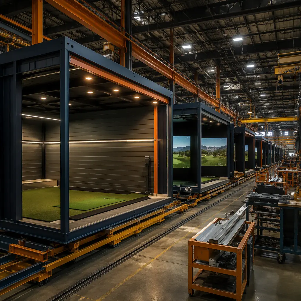 Factory floor of modular prefabricated construction facility, steel-frame tee line shelter modules with individual hitting bays and pre-installed lighting being fabricated, assembly line with simulator bay modules, dark navy and warm steel orange accents