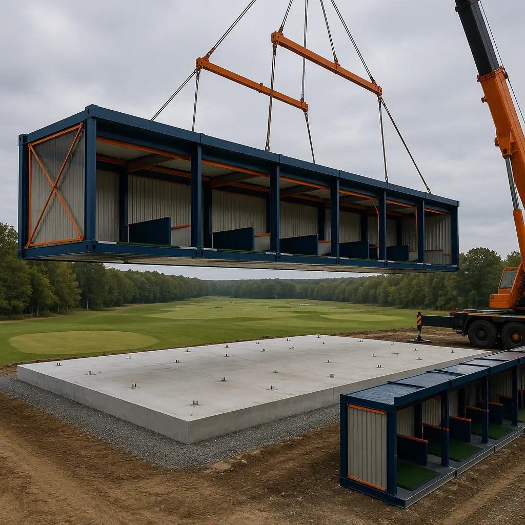 Crane lifting prefabricated steel-frame tee line shelter module with individual hitting bays onto concrete pad at golf practice facility construction site, landing area graded beyond, module seams visible, dark navy steel with warm orange accents, no people faces, no text