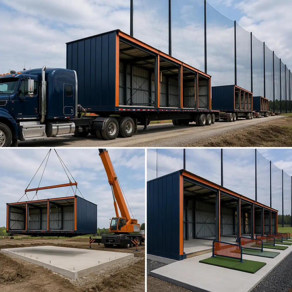 Prefabricated tee line shelter modules arriving on flatbed trucks at golf practice facility construction site, crane lifting steel-frame bay module onto concrete pad, landing area with netting masts in background, module seams visible, dark navy steel with warm orange accents, no people faces, no text, no logos