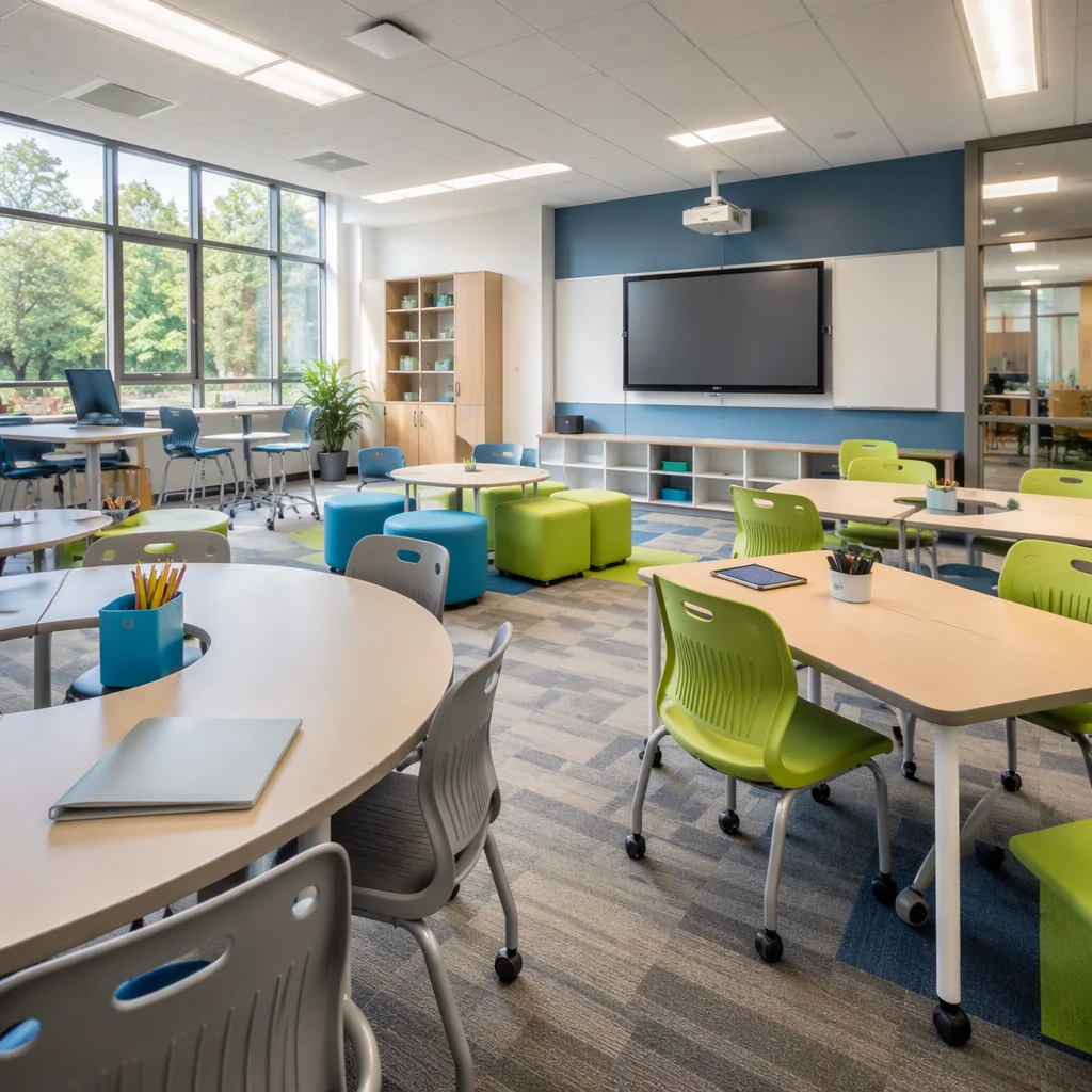 Bright modular classroom with flexible furniture layout and interactive display technology