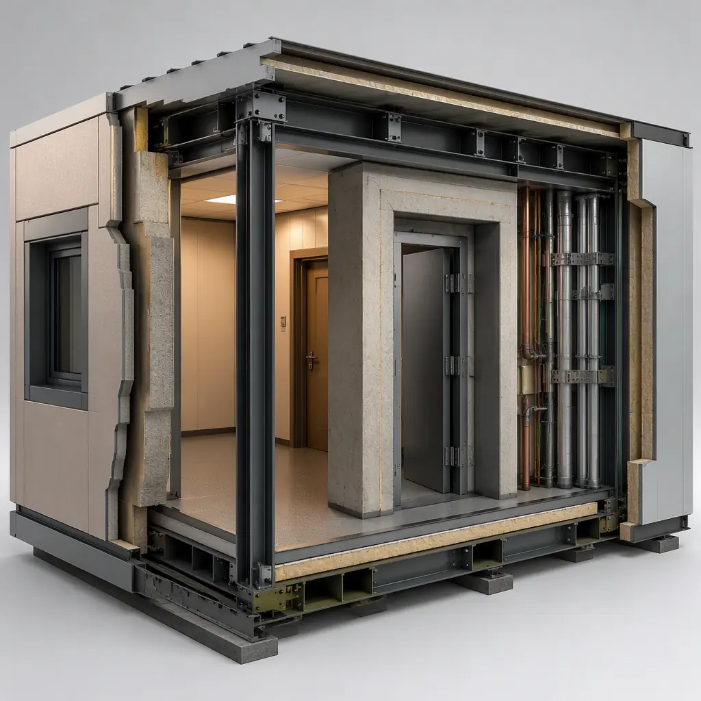 Photorealistic 3D cross-section render of a modular diplomatic compound module showing hardened exterior envelope, blast-resistant steel frame, secure core with reinforced walls, and protected MEP risers, clean engineering visualization without labels