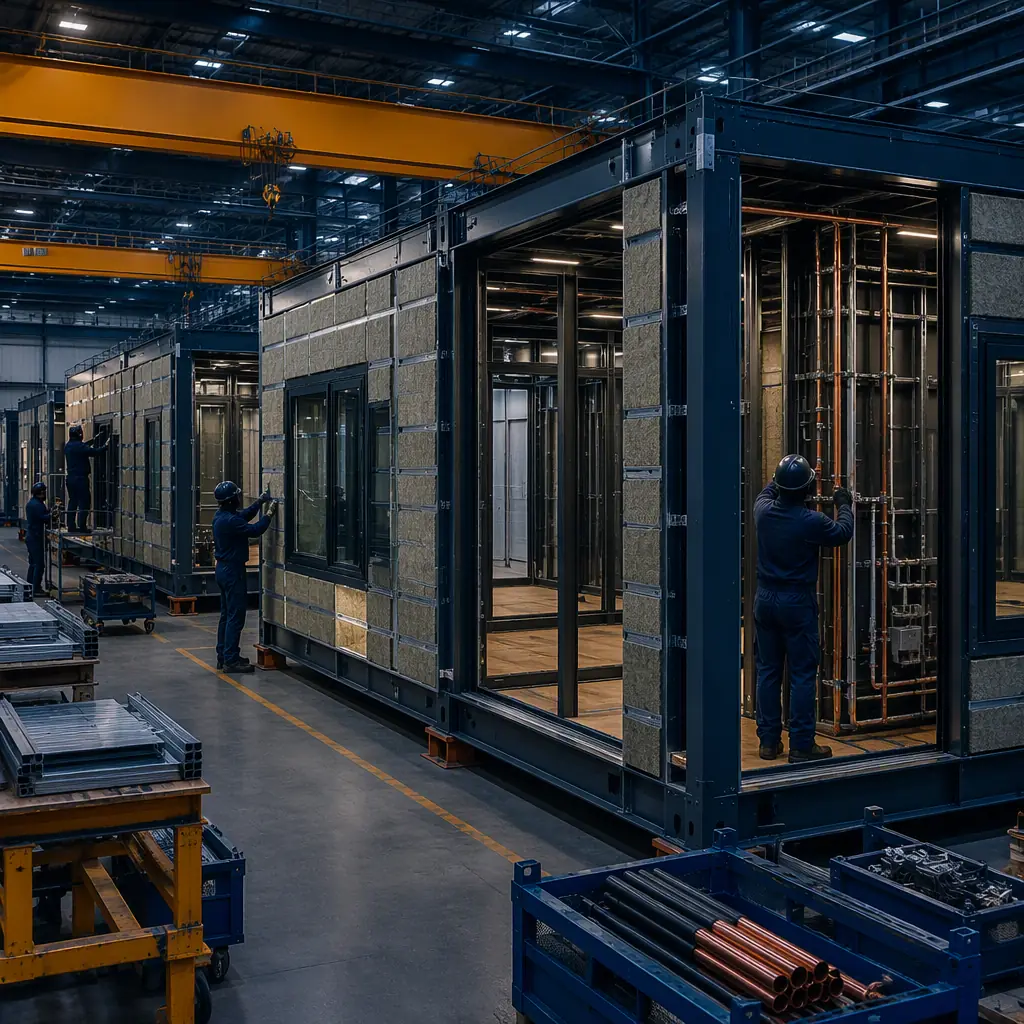 Factory floor of a modular construction facility, steel-framed hardened modules under assembly with reinforced wall panels and security glazing being installed, workers fitting secure MEP risers, overhead crane, bright clean industrial environment