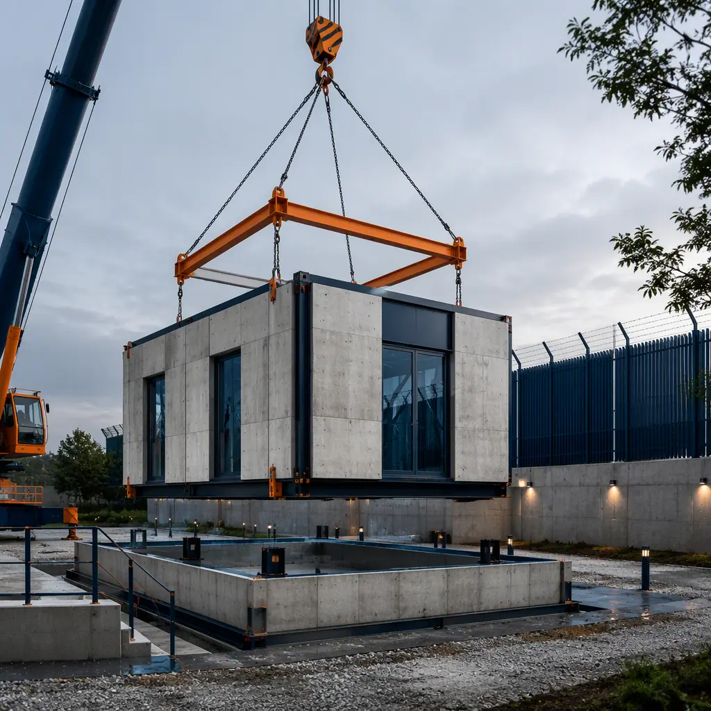 Crane lifting a prefabricated steel-frame hardened module onto a foundation at a diplomatic compound construction site, module with reinforced concrete-faced wall panels and security glazing, secured perimeter with setback zone, module seams visible, navy steel accents with orange details