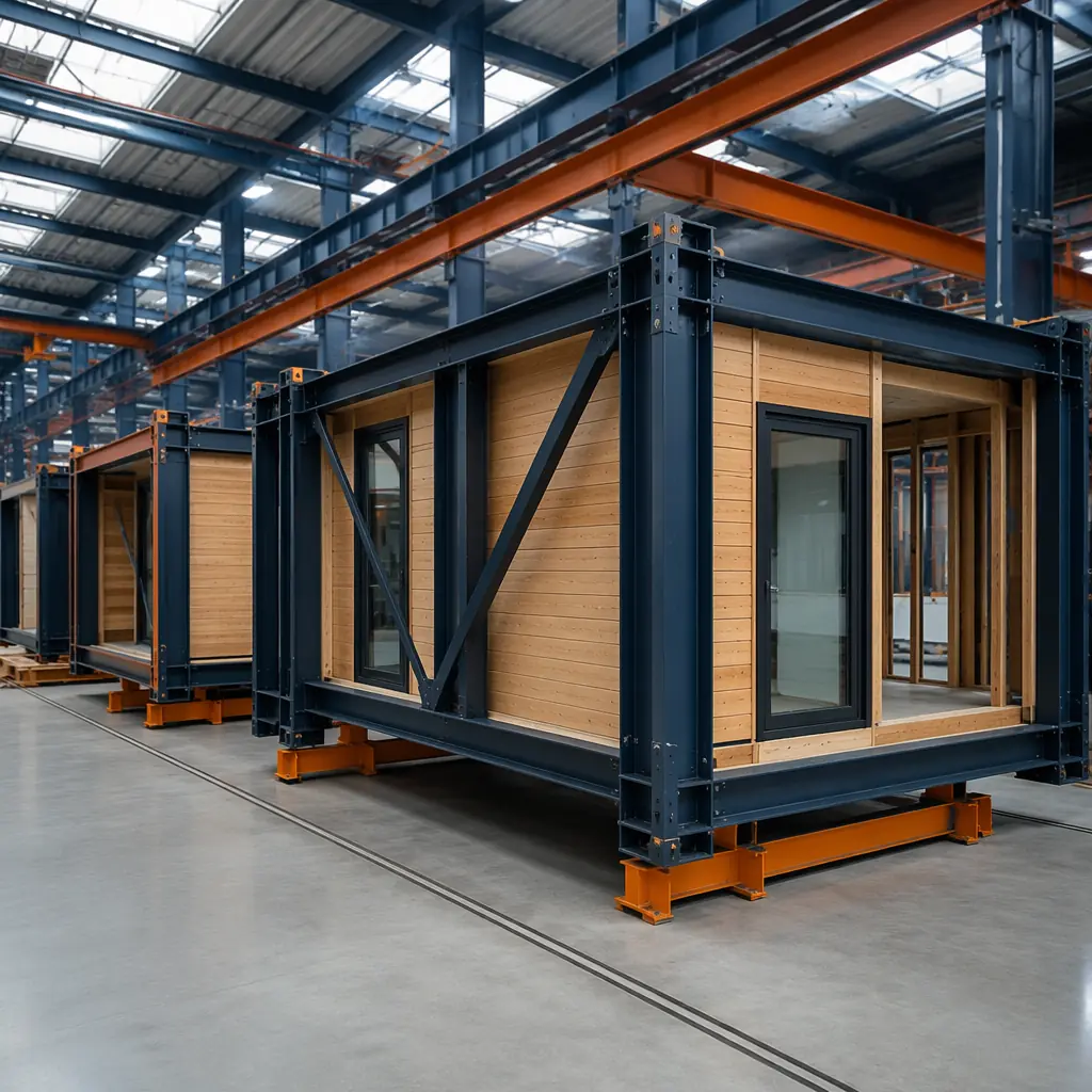 Modular prefabricated building modules on factory floor nearing completion, steel frame structure with sustainable timber infill panels visible, clean industrial facility with natural daylight, factory-assembled modules labeled for transport, modern modular construction factory