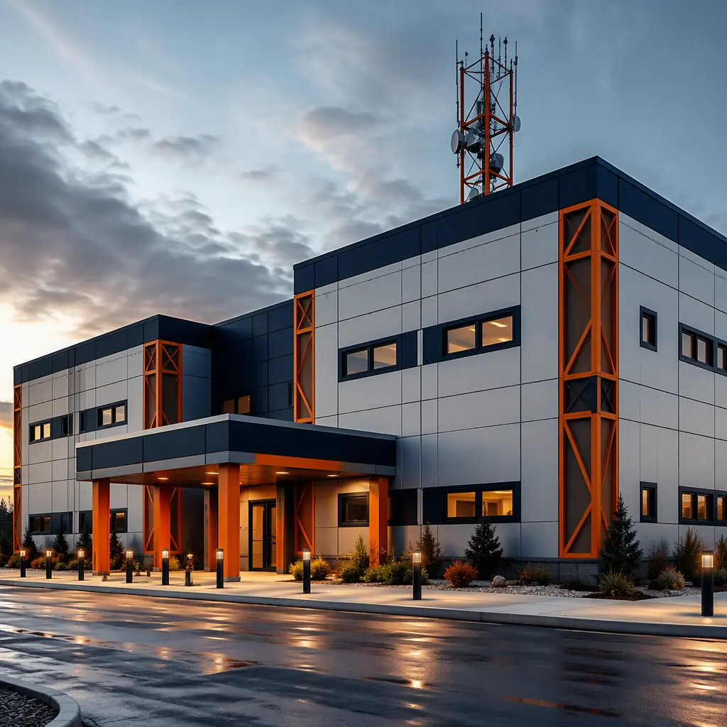 Modern modular emergency operations center exterior, hardened prefabricated steel-frame building with secure entry, grid pattern facade reflecting factory-assembled modules, communications mast on roof, dark navy steel structure with warm orange accents, no people faces, no text, no logos