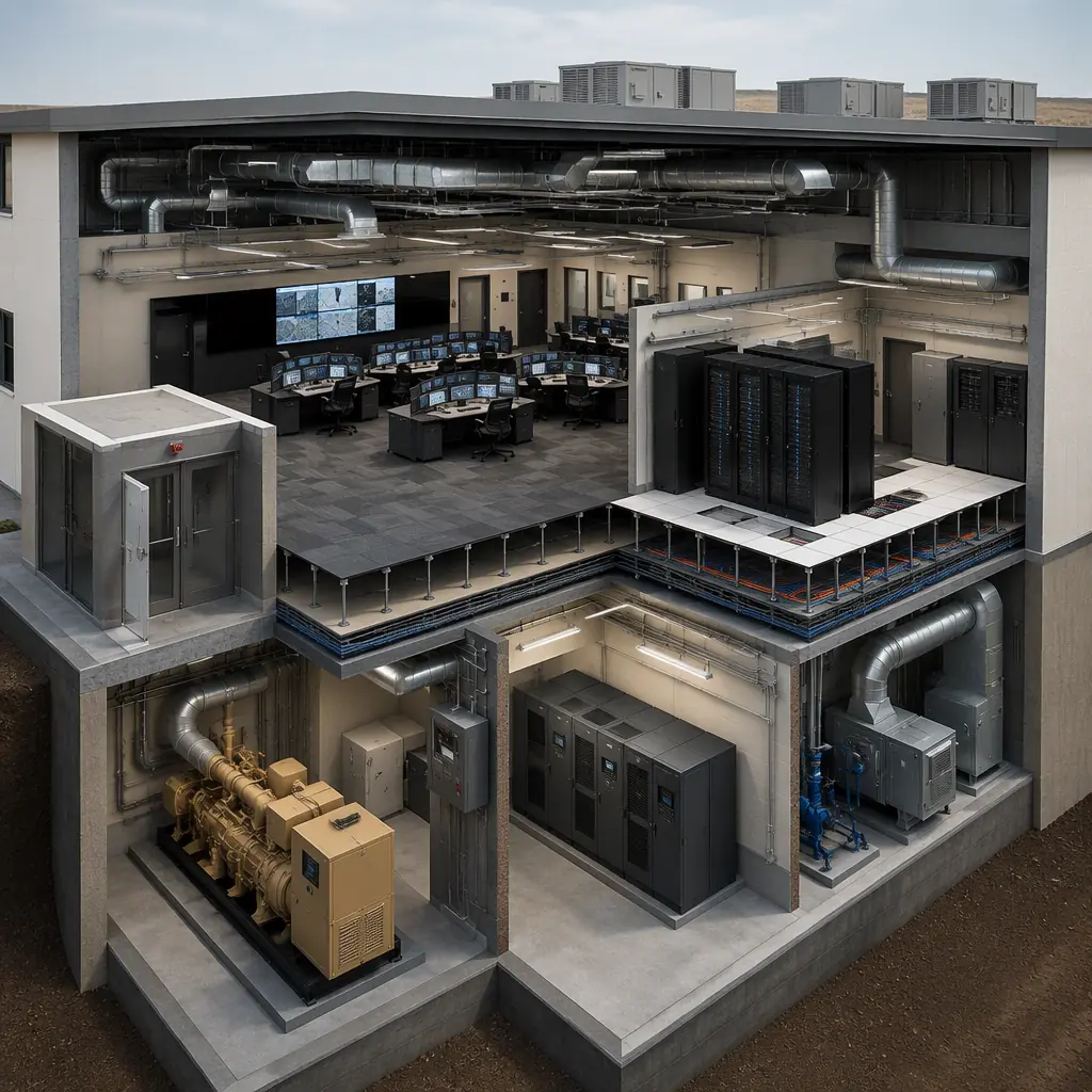 Photorealistic 3D cross-section render of modular emergency operations center, showing hardened command floor with dispatch positions, raised access floor with cable trays, communications room with server racks, generator and UPS room, secure entry vestibule, redundant HVAC ductwork, clean engineering visualization, no text, no labels