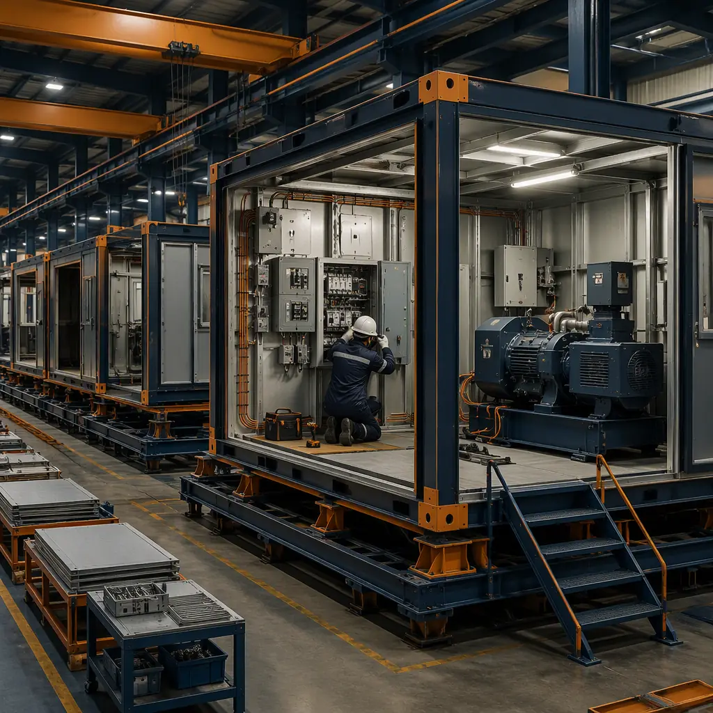 Factory floor of modular prefabricated construction facility, hardened steel-frame modules with reinforced wall panels in production, workers installing electrical switchgear and generator equipment in module (no faces), assembly line with communications room modules, dark navy and warm steel orange accents