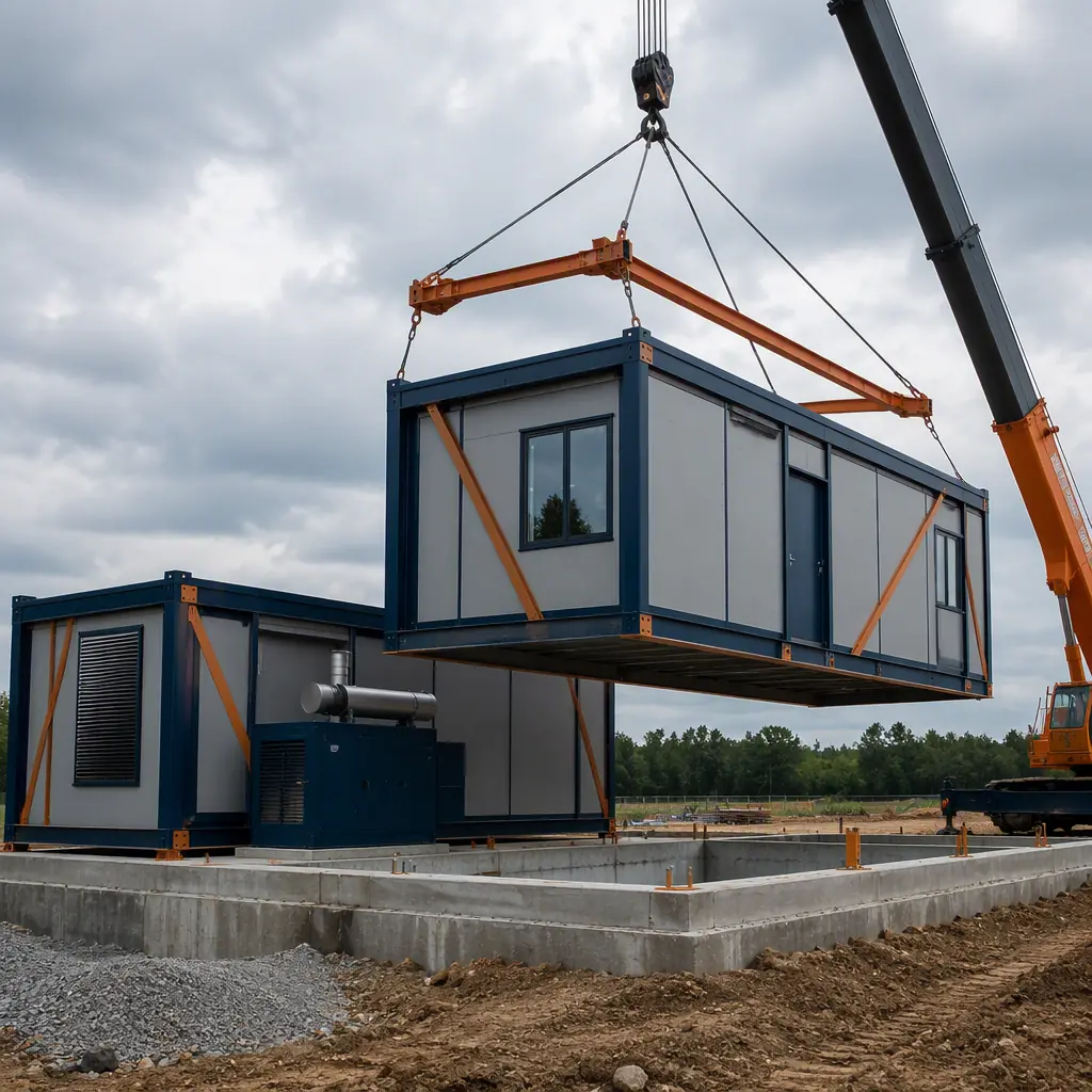 Crane lifting hardened prefabricated steel-frame module with reinforced wall panels onto foundation at emergency operations center construction site, module being positioned beside communications room modules, module seams visible, dark navy steel with warm orange accents, no people faces, no text