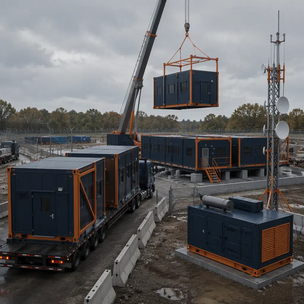 Prefabricated hardened steel-frame emergency operations center modules arriving on flatbed trucks at secured construction site, crane lifting reinforced module over foundation, generator module and communications mast staged, module seams visible, dark navy steel with warm orange accents, no people faces, no text, no logos