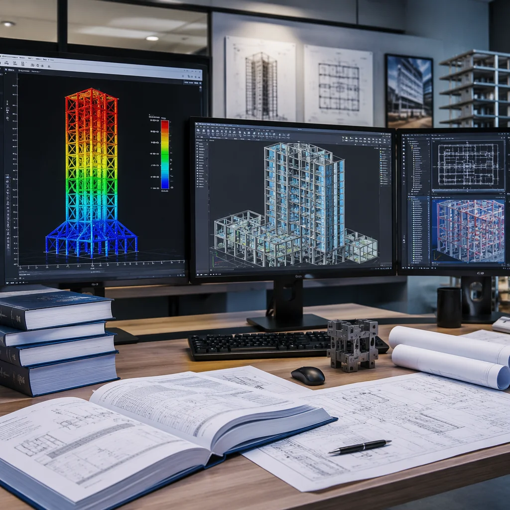 Engineering team reviewing a 3D BIM model of a modular building structure with structural analysis overlays