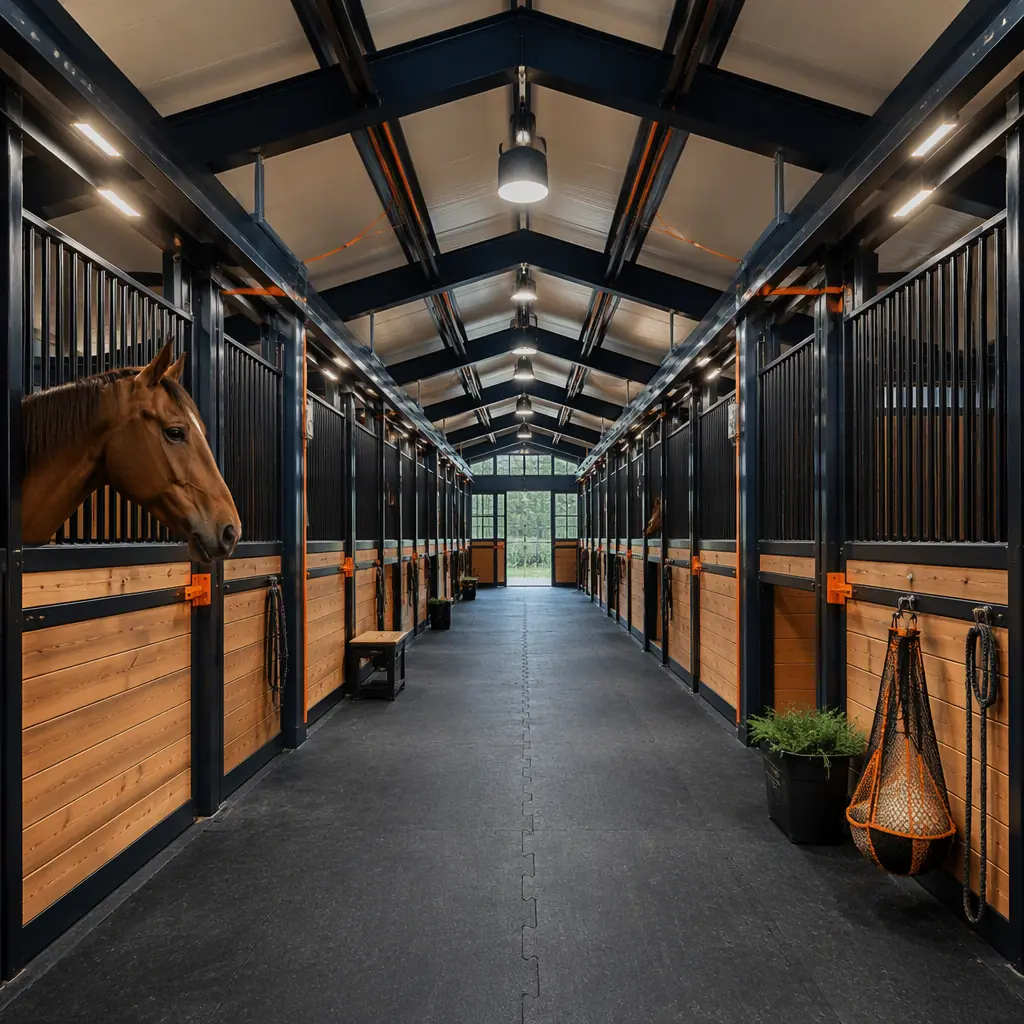 Interior of a modern modular horse barn, long center aisle with rows of stall fronts with black metal bars and wood kick panels, rubber aisle flooring, warm task lighting, clean ventilated stable environment with navy and orange accents