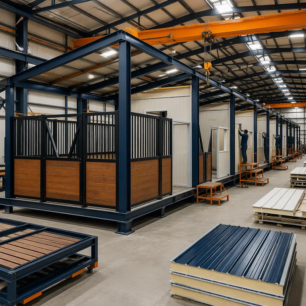 Factory floor of a modular construction facility, steel-framed horse barn modules under assembly with stall partition walls being installed, workers fitting insulated wall panels, overhead crane lifting a roof section, bright clean industrial environment with navy steel frames