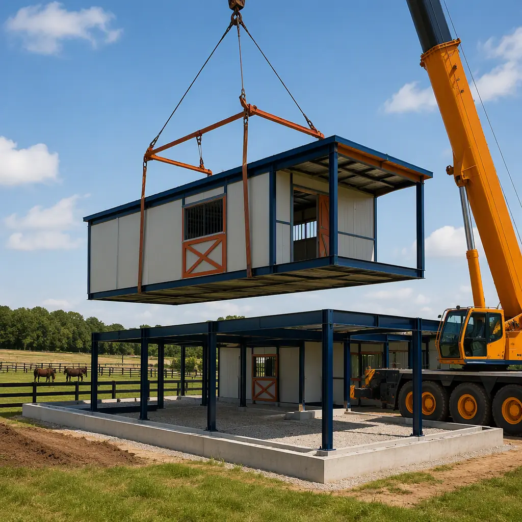 Crane lifting a prefabricated steel-frame horse barn module onto a prepared foundation at a farm construction site, module with insulated wall panels and roof, paddock fencing and green fields around, navy steel accents with warm orange details, clear blue sky