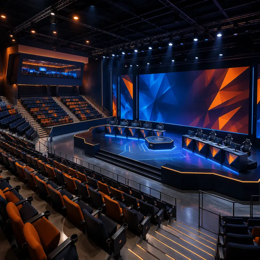 Interior of a modern modular esports arena, sloped spectator bowl facing a central competition stage with player stations, LED backdrop wall, broadcast booth above the seating, clean bright environment with navy and orange accents
