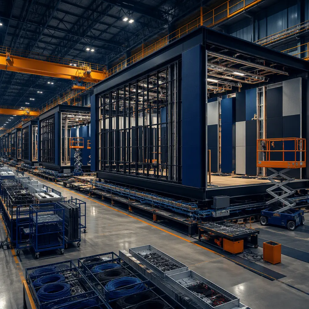 Factory floor of a modular construction facility, steel-framed arena modules under assembly with LED wall framing and acoustic panels being installed, workers fitting broadcast cabling trays, overhead crane, bright clean industrial environment