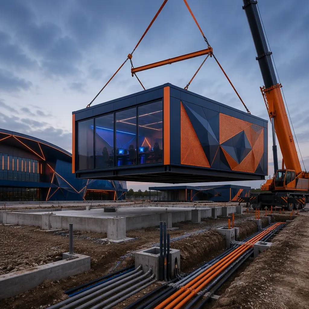 Crane lifting a prefabricated steel-frame arena module onto a foundation at an esports venue construction site, module with large glazing and decorative facade panels, cleared site with utility trenches for power and fiber, navy steel accents with orange details