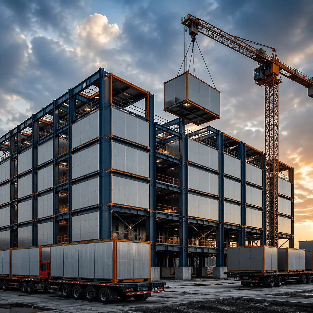 Aerial view of modular EV battery gigafactory under construction, prefabricated production modules being craned into position, steel frame modules with integrated MEP systems visible, clean geometric factory layout, module seams visible on building envelope, industrial manufacturing campus with utility infrastructure, dark navy structural elements, steel orange accent details, no people